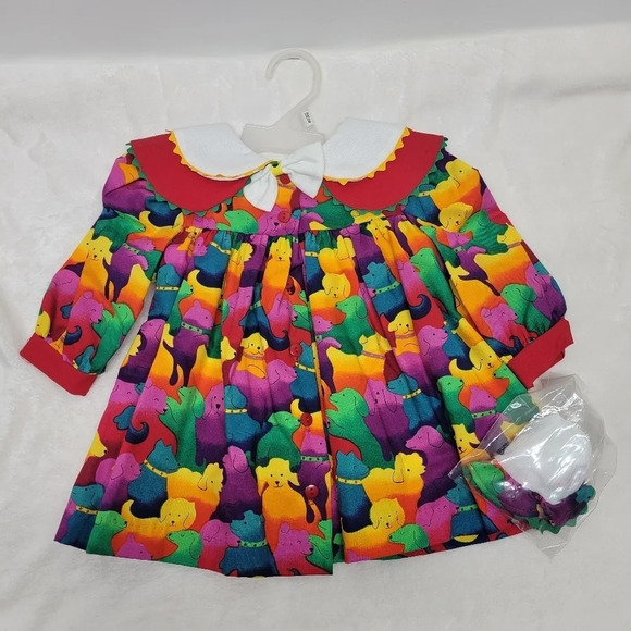 Source Unknown Other - Toddler 12 Months Vintage Colorful Multi Dog Dress W Dress Socks New Old Stock